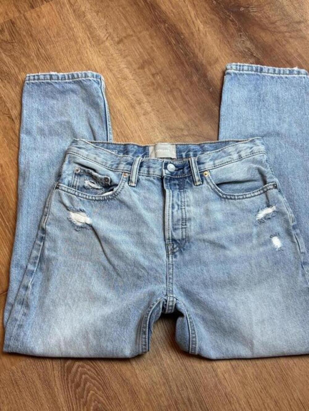Everlane light wash high rise straight leg denim jeans sz 27 regular distressed